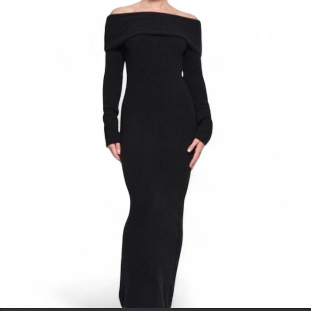 SKIMS- Women's black off the shoulder knit dress- Size:XS